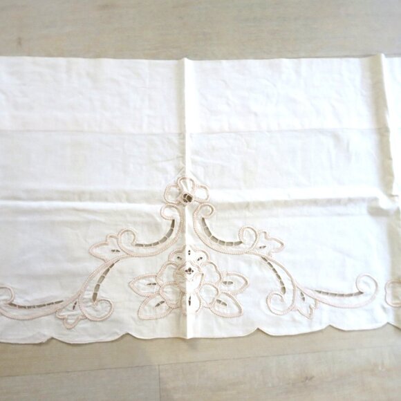 Vintage 90s Battenburg Lace Embroidered Curtain Valance 20" x 60" Beige Cotton - Picture 1 of 14